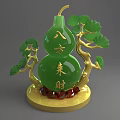 Green Jade Gourd Sculpture With Golden Branches Green Leaves And Red Gemstones Base