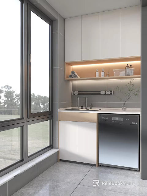 Modern Home Balcony Design With White Cabinets Sink Dishwasher Shelf Strip Lighting And Outside View 3d model 