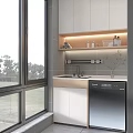 Modern Home Balcony Design With White Cabinets Sink Dishwasher Shelf Strip Lighting And Outside View