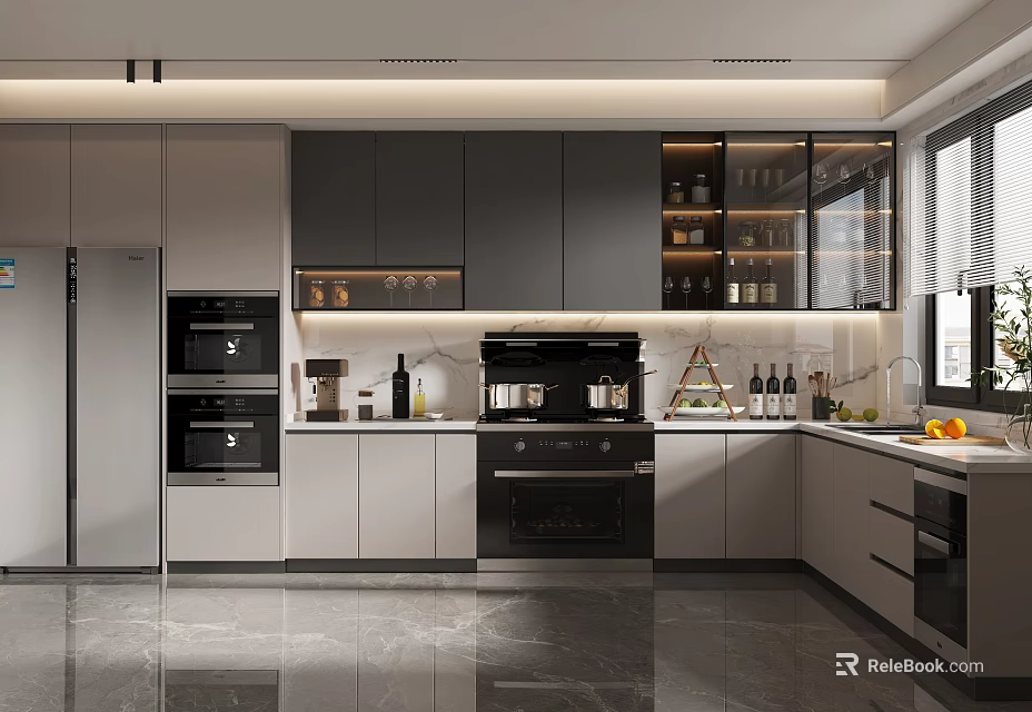 Modern Kitchen Interior Design With Gray Cabinets Glass Door Cabinets Marble Countertops And Appliances 3d model 