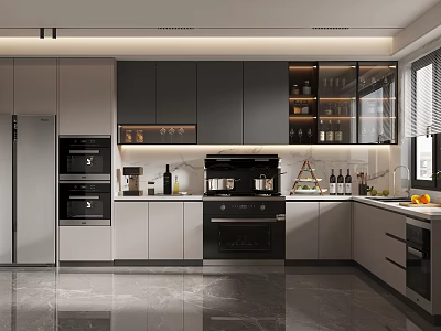 Modern Kitchen Interior Design With Gray Cabinets Glass Door Cabinets Marble Countertops And Appliances 3d model