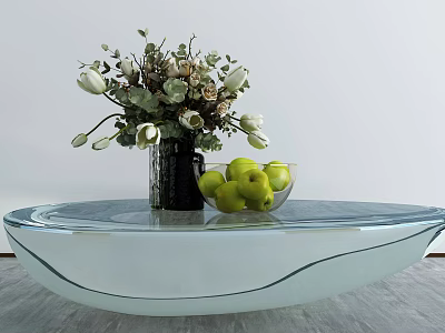 Curved Glass Coffee Table With Black Vase Flowers And Green Apple Bowl 3d model