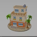 Two Story Building With Beige And Orange Exterior Balcony Palm Trees And Steps