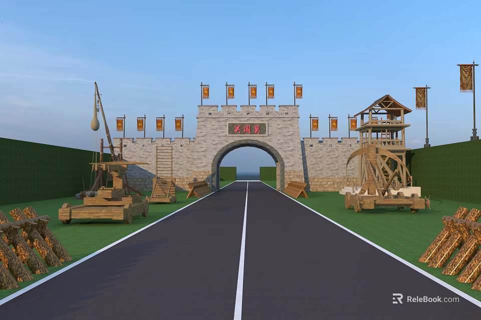 Ancient City Gate Architecture Featuring Stone Walls Flags And Wooden Waterwheel Road 3d model 