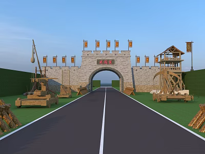 Ancient City Gate Architecture Featuring Stone Walls Flags And Wooden Waterwheel Road 3d model