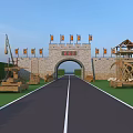 Ancient City Gate Architecture Featuring Stone Walls Flags And Wooden Waterwheel Road