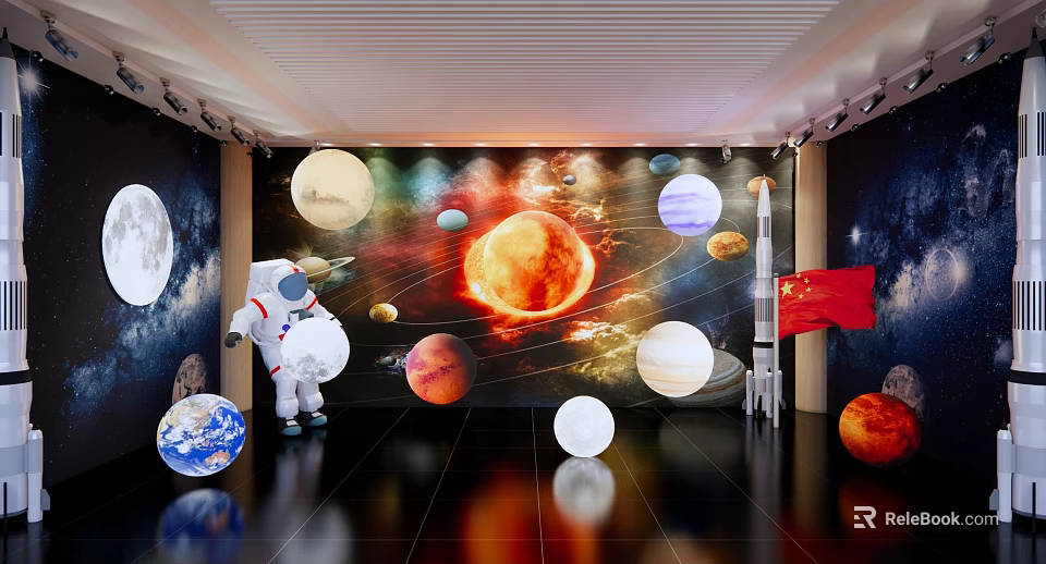 Space Exhibition Scene With Astronaut Planets Sun Rocket And Chinese Flag 3d model 