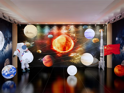 Space Exhibition Scene With Astronaut Planets Sun Rocket And Chinese Flag 3d model
