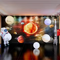 Space Exhibition Scene With Astronaut Planets Sun Rocket And Chinese Flag