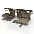 Rustic Wooden Structure Model With Broken Roof And Stone Base Platform 3d model