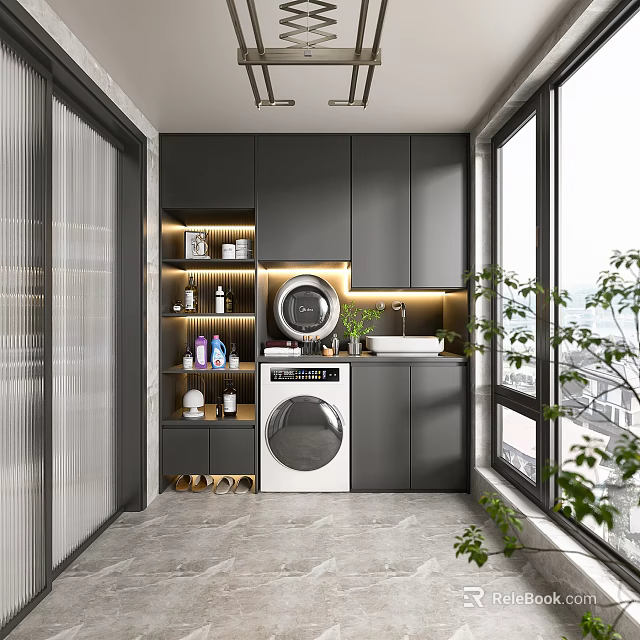 Modern Home Balcony With Gray Cabinets Washing Machine Dryer Sink Green Plants And Windows 3d model 