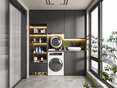Modern Home Balcony With Gray Cabinets Washing Machine Dryer Sink Green Plants And Windows 3d model