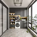 Modern Home Balcony With Gray Cabinets Washing Machine Dryer Sink Green Plants And Windows