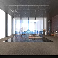 Modern Clubhouse Interior Design With Glass Partitions Lighting Fixtures And City Skyline View