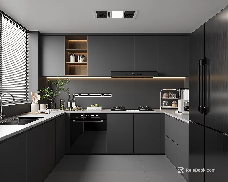 Modern Kitchen Interior With Dark Gray Cabinets Countertop And Stainless Steel Appliances 3d model 