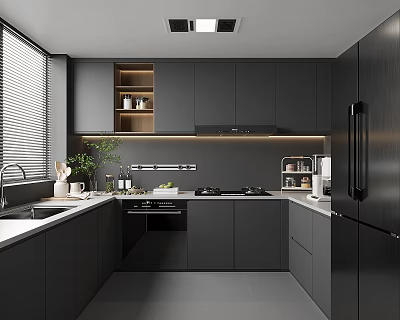 Modern Kitchen Interior With Dark Gray Cabinets Countertop And Stainless Steel Appliances 3d model