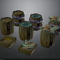 Decorative Wooden Barrels And Crates With Glowing Blue Liquid And Ornamental Plants