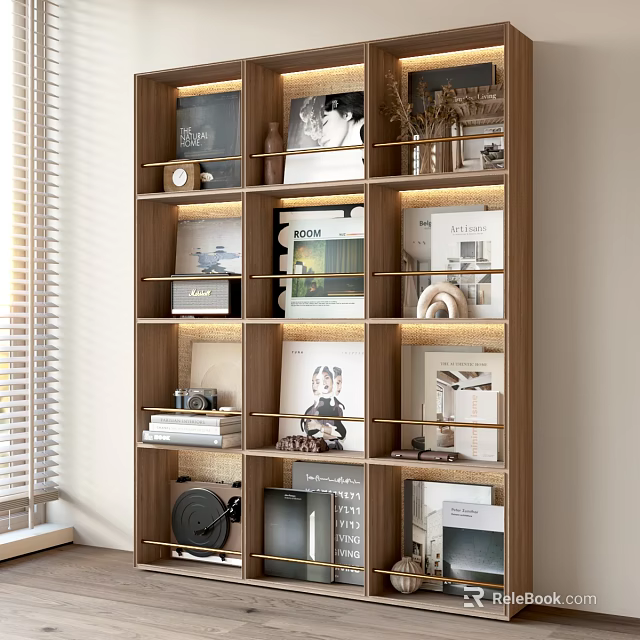 Sleek Wooden Decorative Cabinet With Multiple Shelves Books Photo Frames And Lighting 3d model 