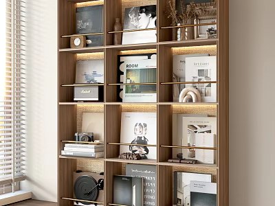 Sleek Wooden Decorative Cabinet With Multiple Shelves Books Photo Frames And Lighting 3d model