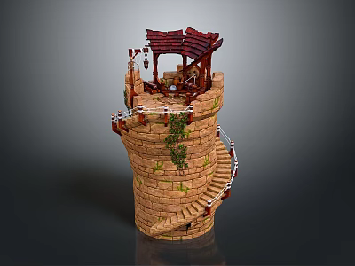 Brick Tower Structure Featuring Spiral Staircase Red Roofed Pavilion And Climbing Vines 3d model
