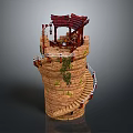 Brick Tower Structure Featuring Spiral Staircase Red Roofed Pavilion And Climbing Vines