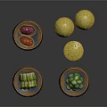 Assorted Fresh Food Items in Wicker Baskets Including Green Vegetables Yellow Grains and Red Produce