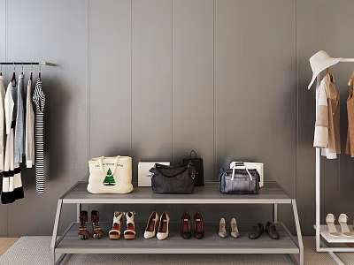Stylish Hanging Clothes With Various Styles Bags And Shoes On Clothing Rack 3d model