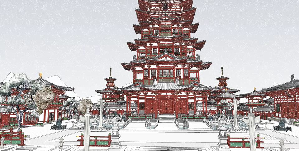 Ancient Architecture Traditional Red Multi layered Pagoda With Historic Courtyard And Wooden Structure 3d model 
