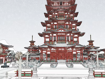 Ancient Architecture Traditional Red Multi layered Pagoda With Historic Courtyard And Wooden Structure 3d model