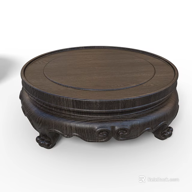 Dark Brown Wooden Round Base With Ornate Carved Patterns And Decorative Curved Feet 3d model 