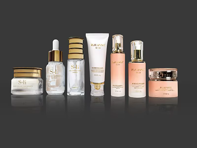 Luxury Beauty Cosmetics Collection With Gold Accents And Transparent Skincare Bottles 3d model