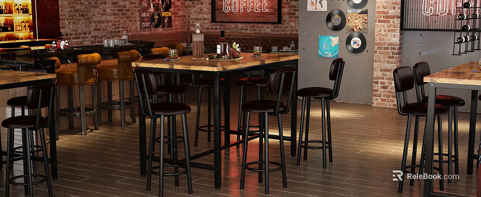 Cozy Bar Interior With Brick Wall COFFEE Sign Vinyl Records Wooden Floor And High Stools 3d model 