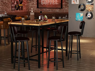 Cozy Bar Interior With Brick Wall COFFEE Sign Vinyl Records Wooden Floor And High Stools 3d model
