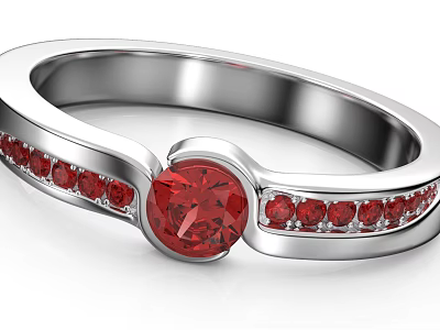 Exquisite Silver Ring Featuring Central Red Gemstone and Small Red Stones Inlaid Band 3d model