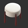 Modern Round White Fabric Upholstered Stool With Four Dark Red Wooden Legs