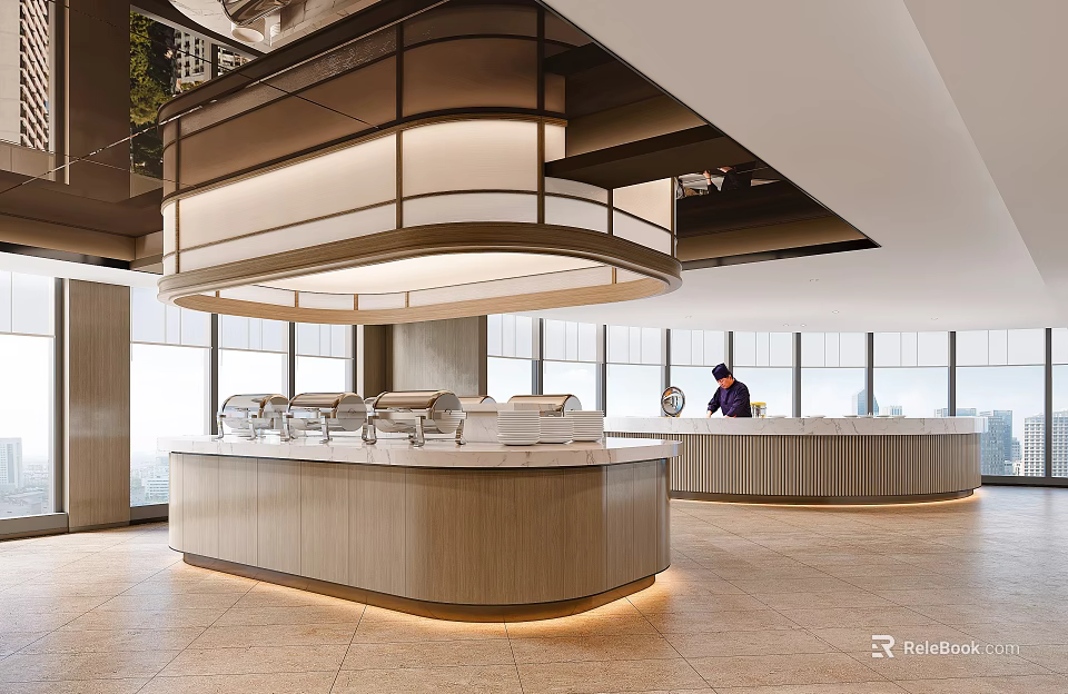 Modern Restaurant Interior With Circular Wooden Counter Warm Lighting And Staff At Reception 3d model 