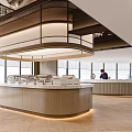 Modern Restaurant Interior With Circular Wooden Counter Warm Lighting And Staff At Reception