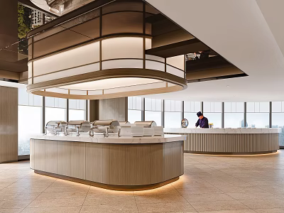 Modern Restaurant Interior With Circular Wooden Counter Warm Lighting And Staff At Reception 3d model