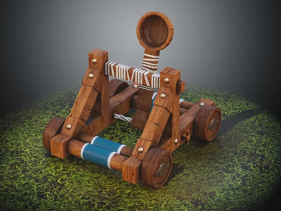 Ancient Wooden Weapon Catapult with Wheels and Blue Projectile on Green Grass 3d model