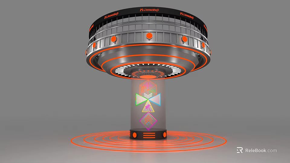 Futuristic Sci Fi Device With Circular Design Orange Lights Pillar Geometric Patterns And Halo Rings 3d model 
