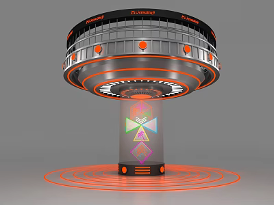 Futuristic Sci Fi Device With Circular Design Orange Lights Pillar Geometric Patterns And Halo Rings 3d model