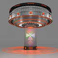 Futuristic Sci Fi Device With Circular Design Orange Lights Pillar Geometric Patterns And Halo Rings