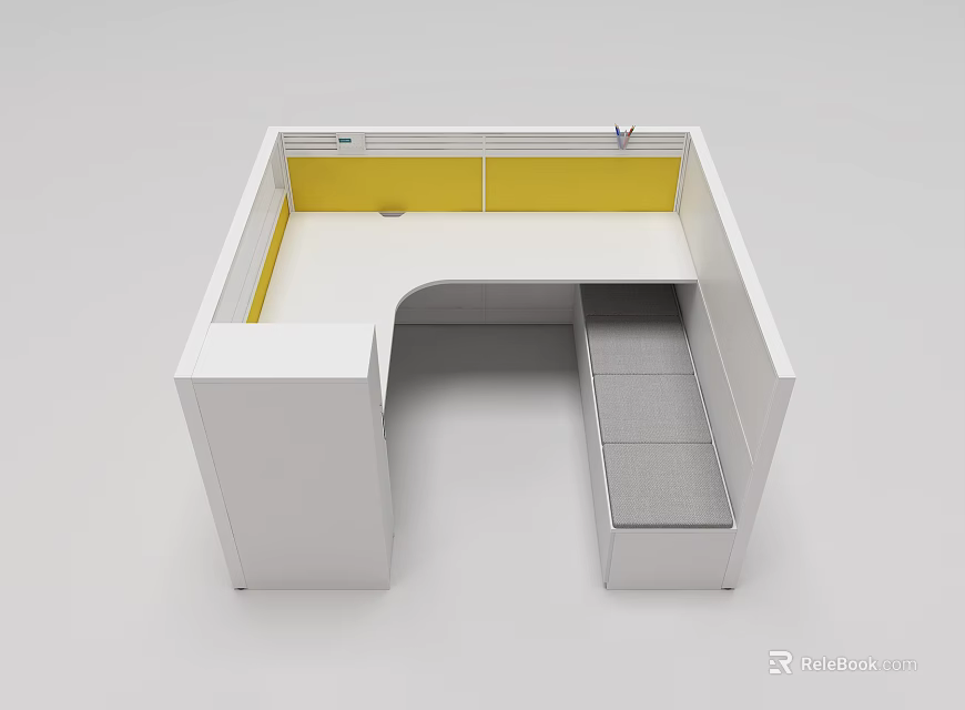 Modern L Shaped Office Desk With White Frame Yellow Panel And Gray Storage 3d model 