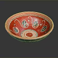 Traditional Hand Carved Red Ceramic Bowl With Intricate Colorful Decorative Patterns