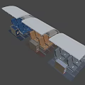 Single Chair Interior in Airplane Cabin With Blue Brown Grey Seats and Trolley