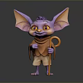 Purple Fantasy Creature with Large Ears Yellow Eyes Brown Scarf Shorts and Crooked Cane