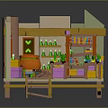 Colorful Cartoon Kitchen Interior With Cauldron Shelves Potted Plants And Wooden Table