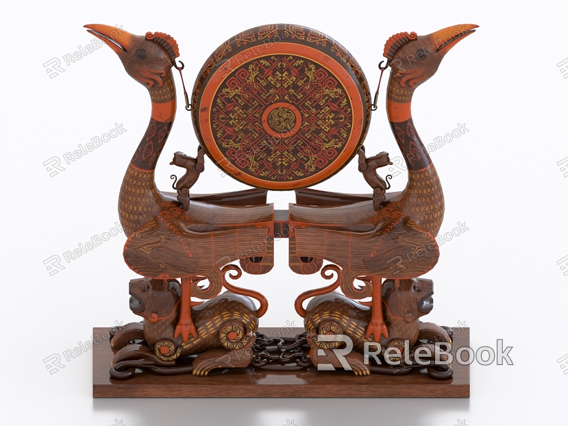 Tiger Bird Hanging Drum Phoenix Drum Lacquer Carved Musical Instruments Antique Cultural Relics model