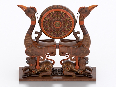 Tiger Bird Hanging Drum Phoenix Drum Lacquer Carved Musical Instruments Antique Cultural Relics 3d model