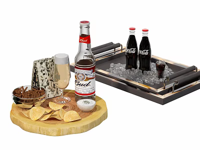 Refreshing Beverages Coca Cola And Schweppes With Ice Cubes Snacks On Tray 3d model